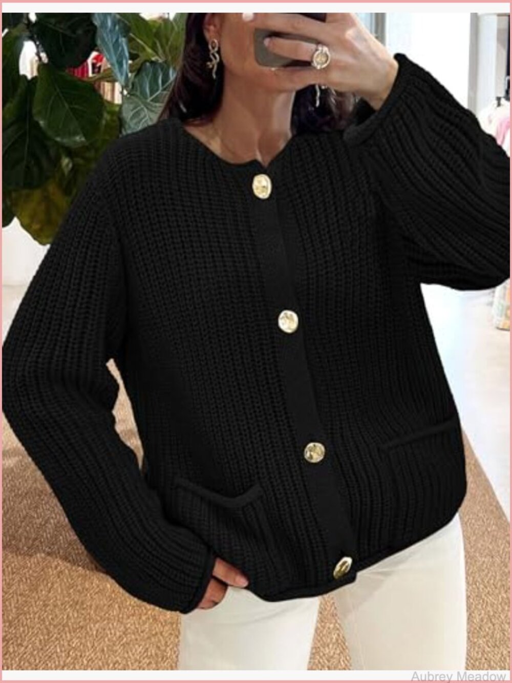 Oversized Chunky Knit Cardigan with Pockets Crewneck Button Up - Picture 2 of 7